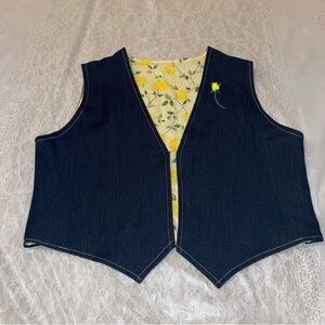 Vintage Handmade Denim Floral Reverseable Vest With Floral Embroidery Details